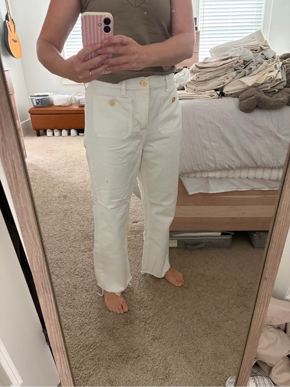J. Crew White Cropped Utility Jeans with Gold Buttons.Size 28. Relaxed Demi boot